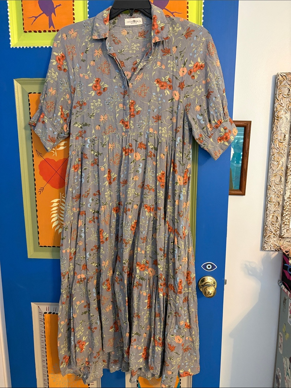 Natural Life Blue Floral Tiered Midi Dress Short Puff Sleeve Boho Size Large - Picture 7 of 7